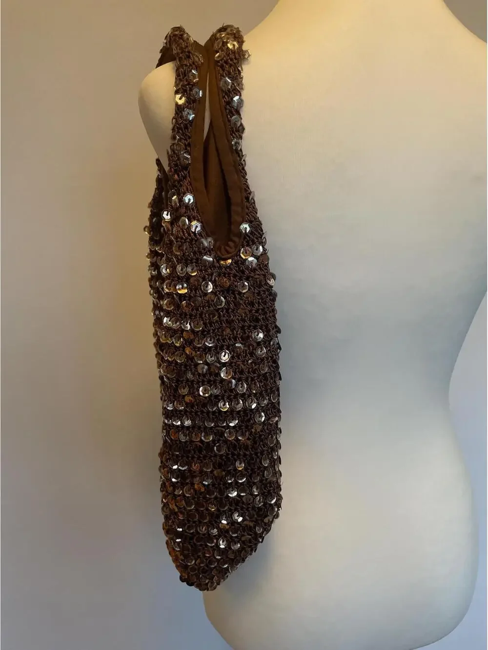 Y2K Brown Bronze Sequin Slouchy Hobo Shoulder Bag Purse Metallic Copper